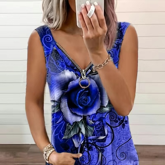 🔴 CLEARANCE 🏷️ NWT 💙 ROYAL BLUE/BLACK ROSE ZIPPER TANK TOP BLOUSE Women’s 4X 20 - Picture 3 of 9